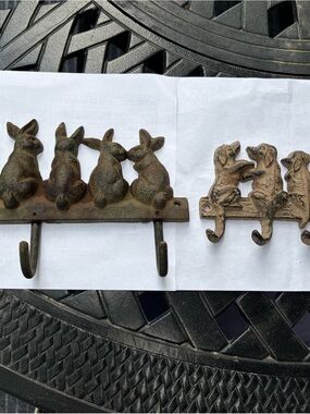 Vintage Style Cast Metal Animal Key Hook Rack Set - Rabbit & Dog Leash Holders p